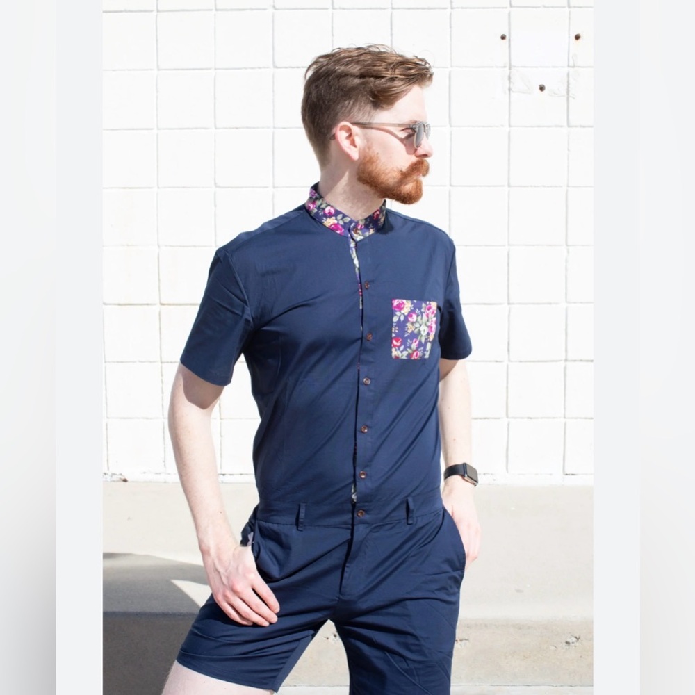 Romperjack navy floral cotton men’s romper shortall shorts m medium one piece